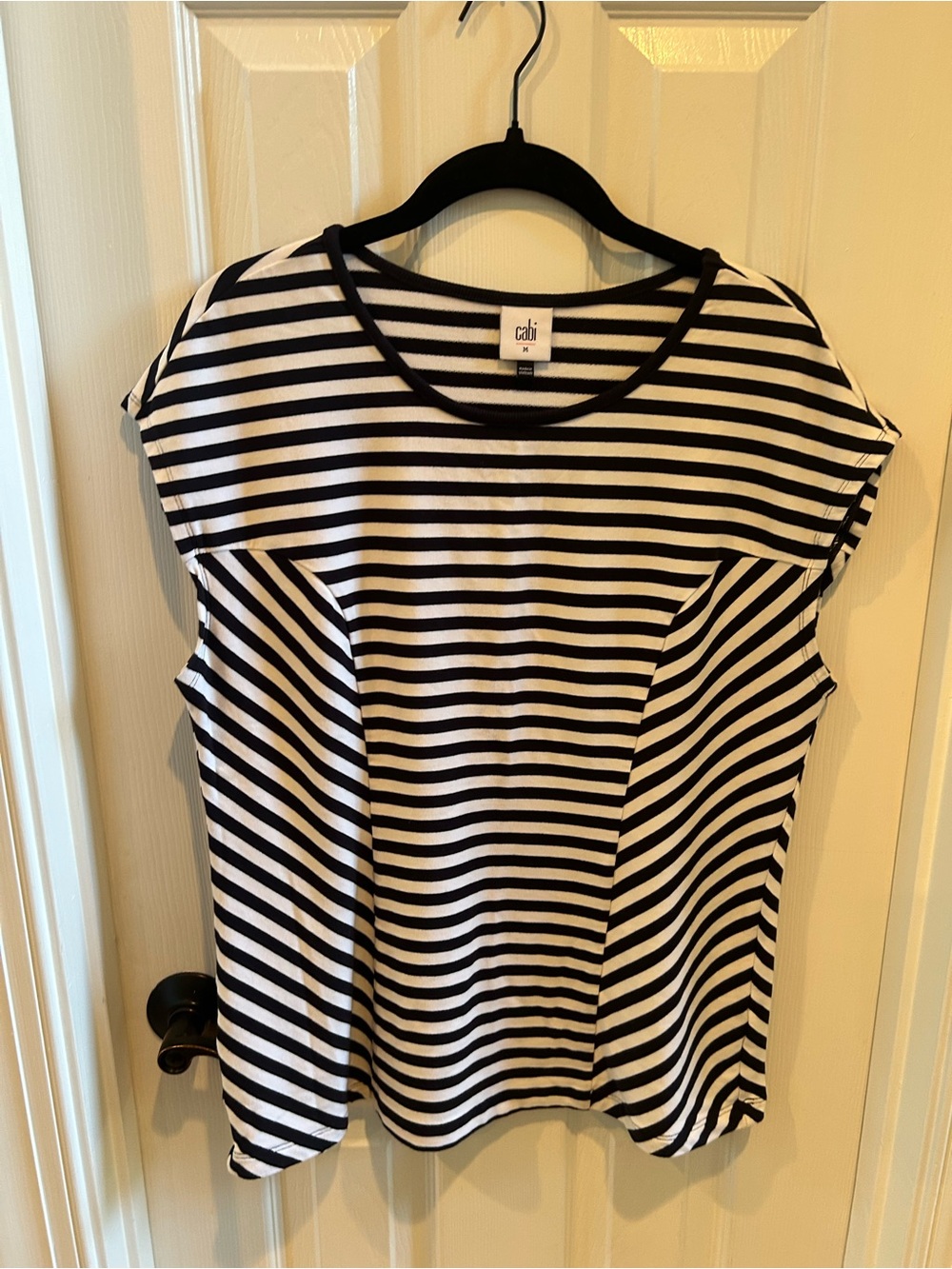 CAbi Illusion Tee Navy & White Striped Cap-Sleeve Tee